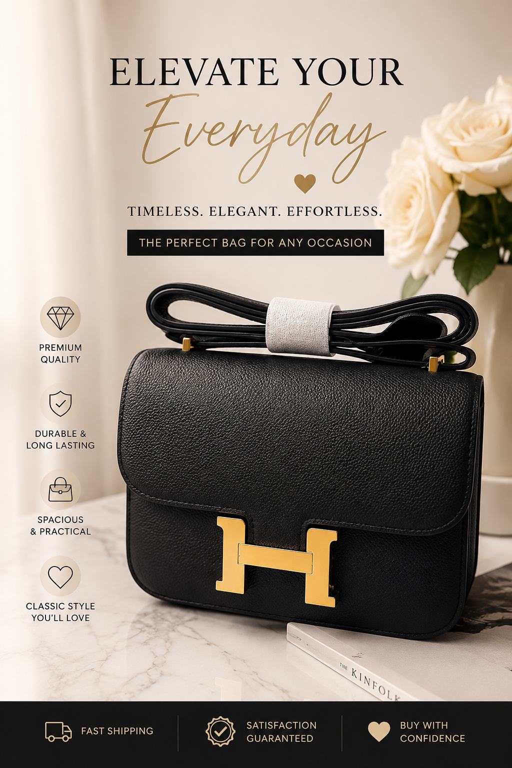 Elegant Black Crossbody Shoulder Bag with Gold Hardware